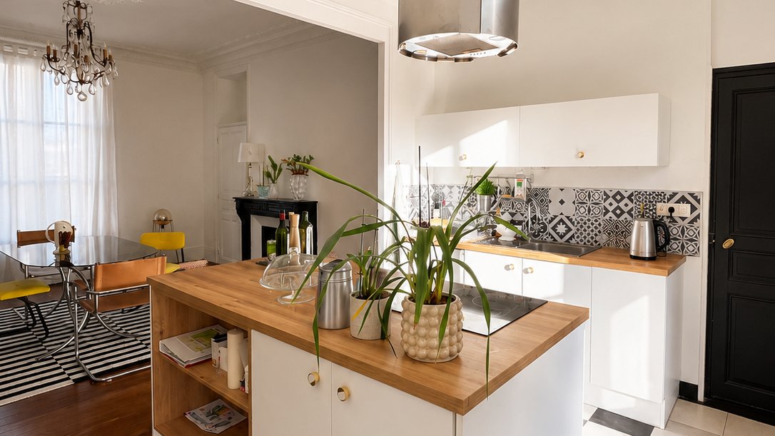 La cuisine entièrement équipée de la Villa Folie et son sol en damier