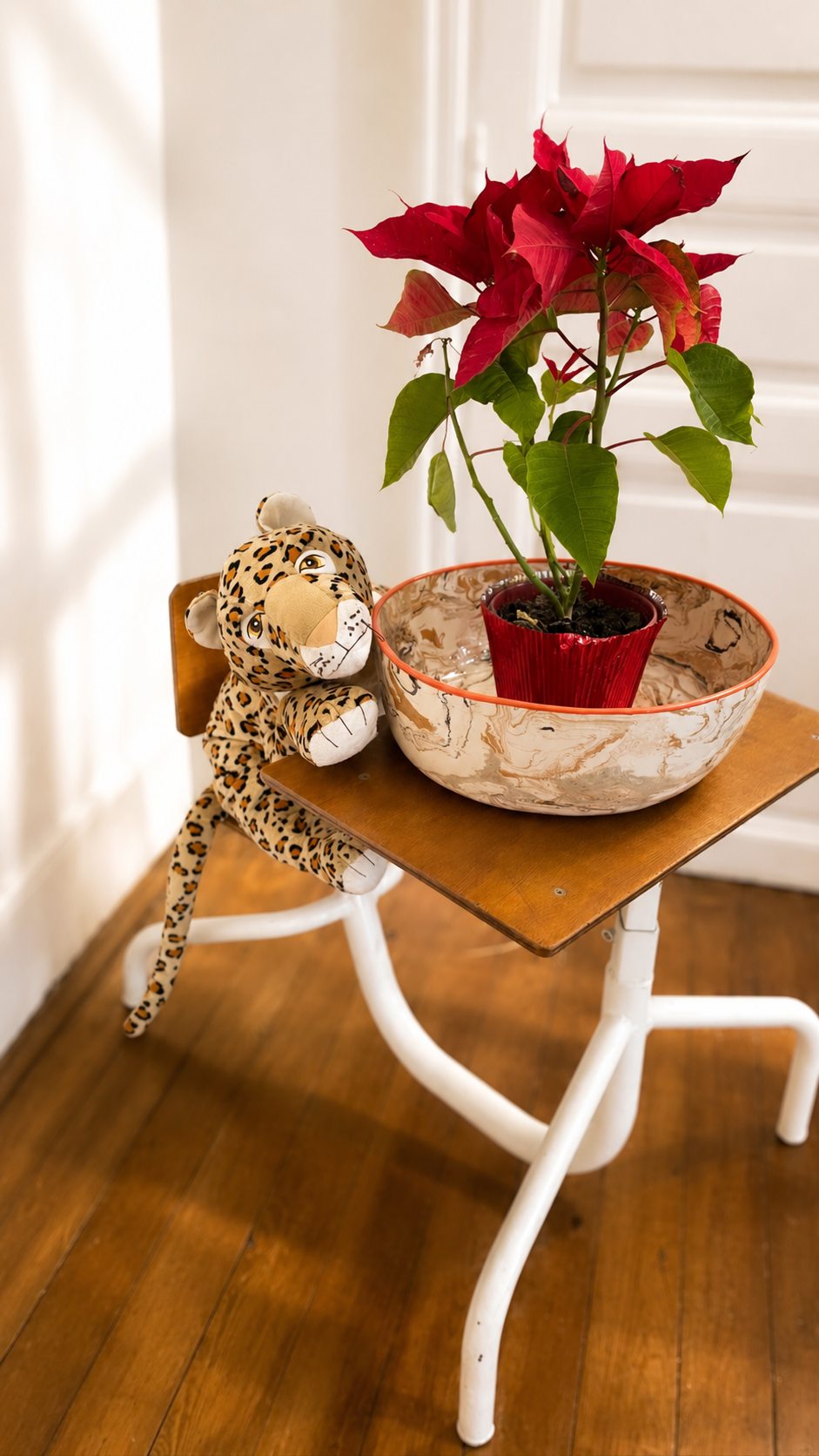 Étoile de Noël et peluche léopard sur une chaise d'écolier