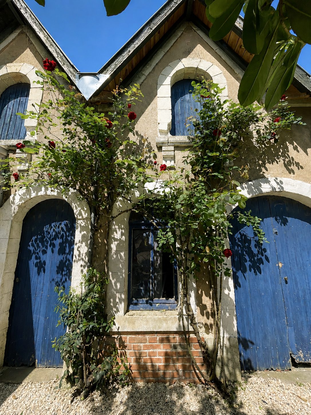 La dépendance de la Villa Folie, ses portes bleues et ses rosiers