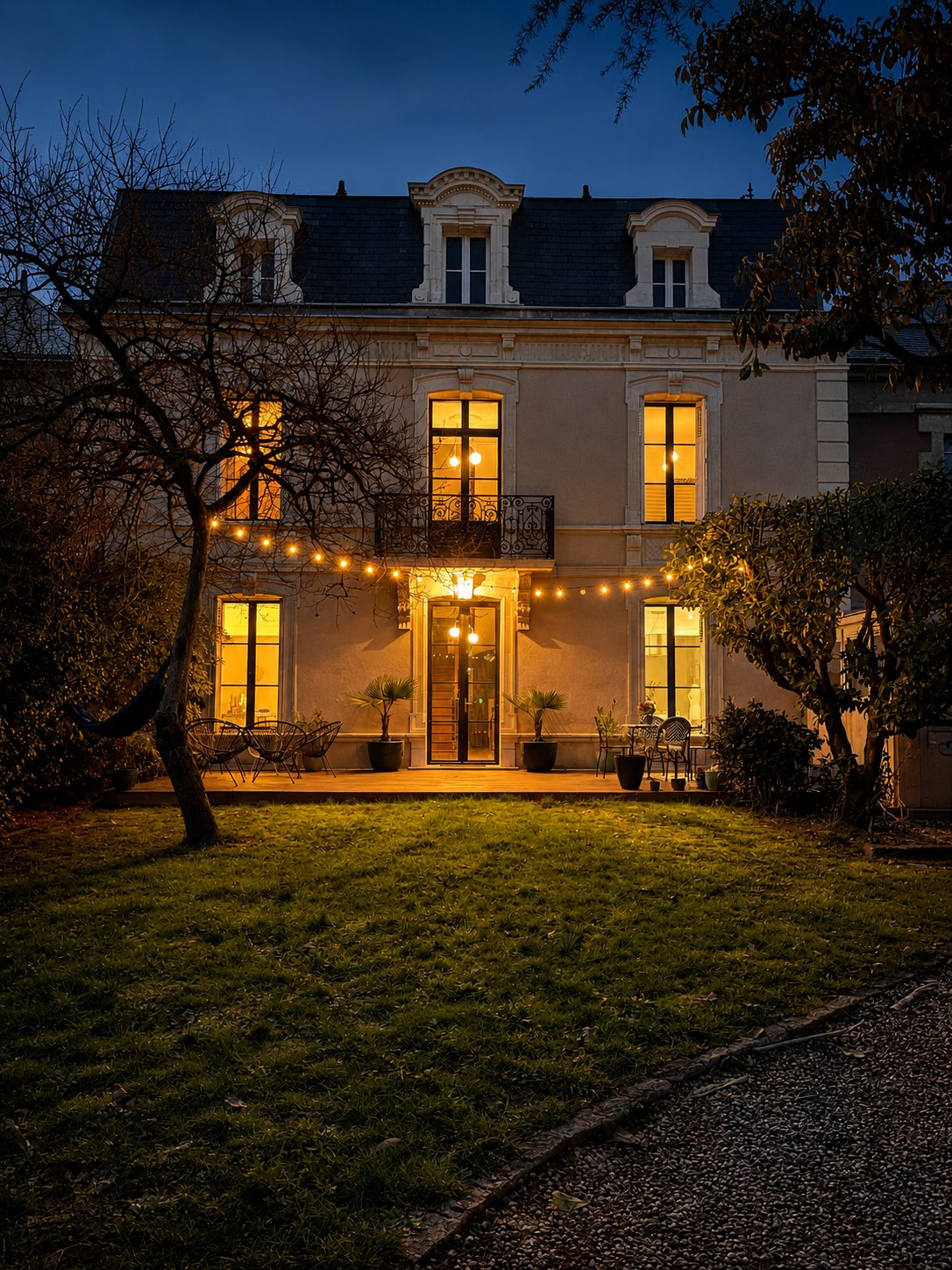 La Villa Folie illuminée le soir, guirlandes lumineuses sur la terrasse