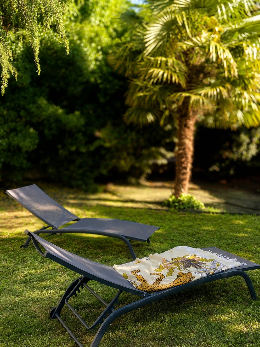 Bains de soleil sur la pelouse du jardin de la Villa Folie